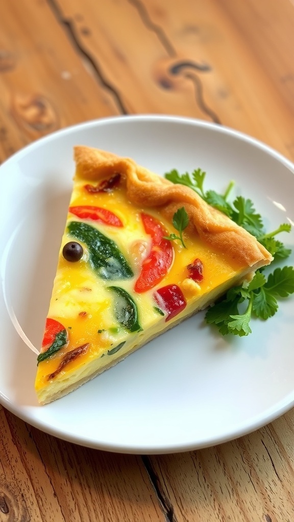 A slice of quiche with a flaky crust, filled with eggs, cheese, and vegetables, served on a plate with a salad.